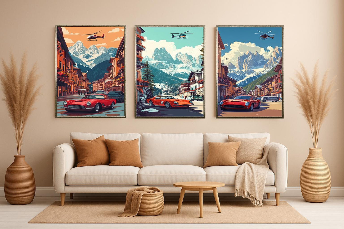 Vintage Red Sports Car & Helicopter Print Set: Alpine Village Wall Art