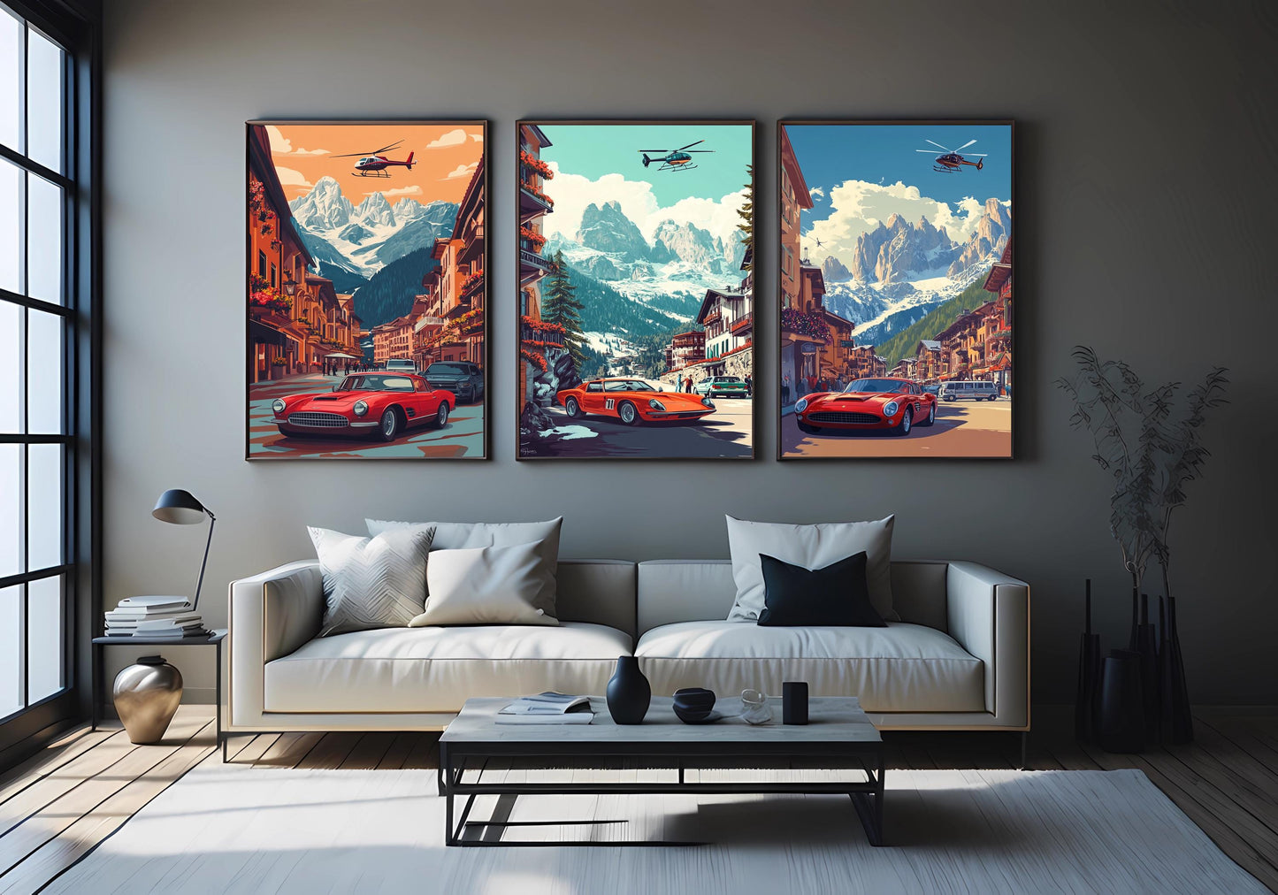 Vintage Red Sports Car & Helicopter Print Set: Alpine Village Wall Art