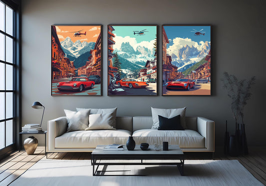Vintage Red Sports Car & Helicopter Print Set: Alpine Village Wall Art