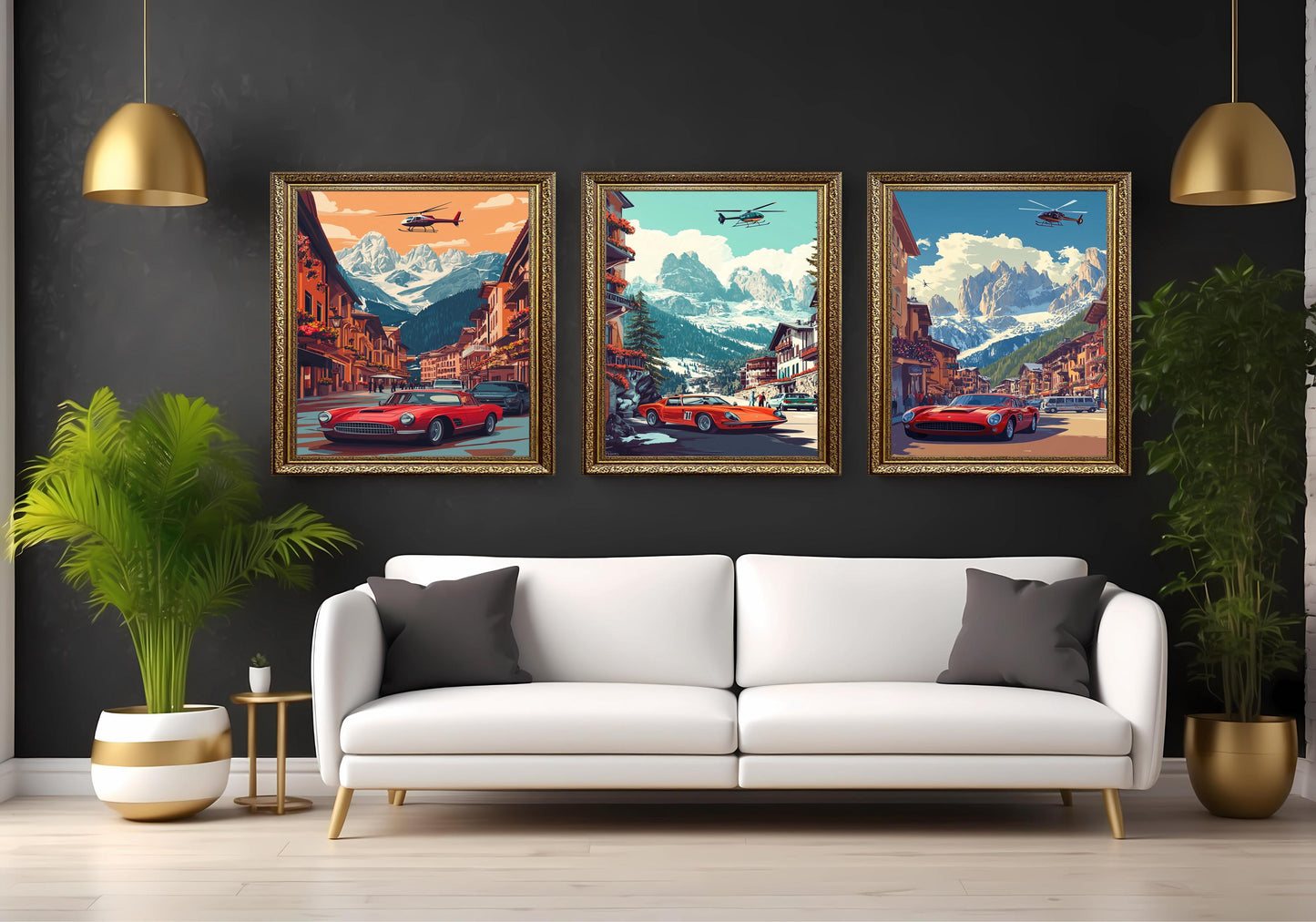Vintage Red Sports Car & Helicopter Print Set: Alpine Village Wall Art