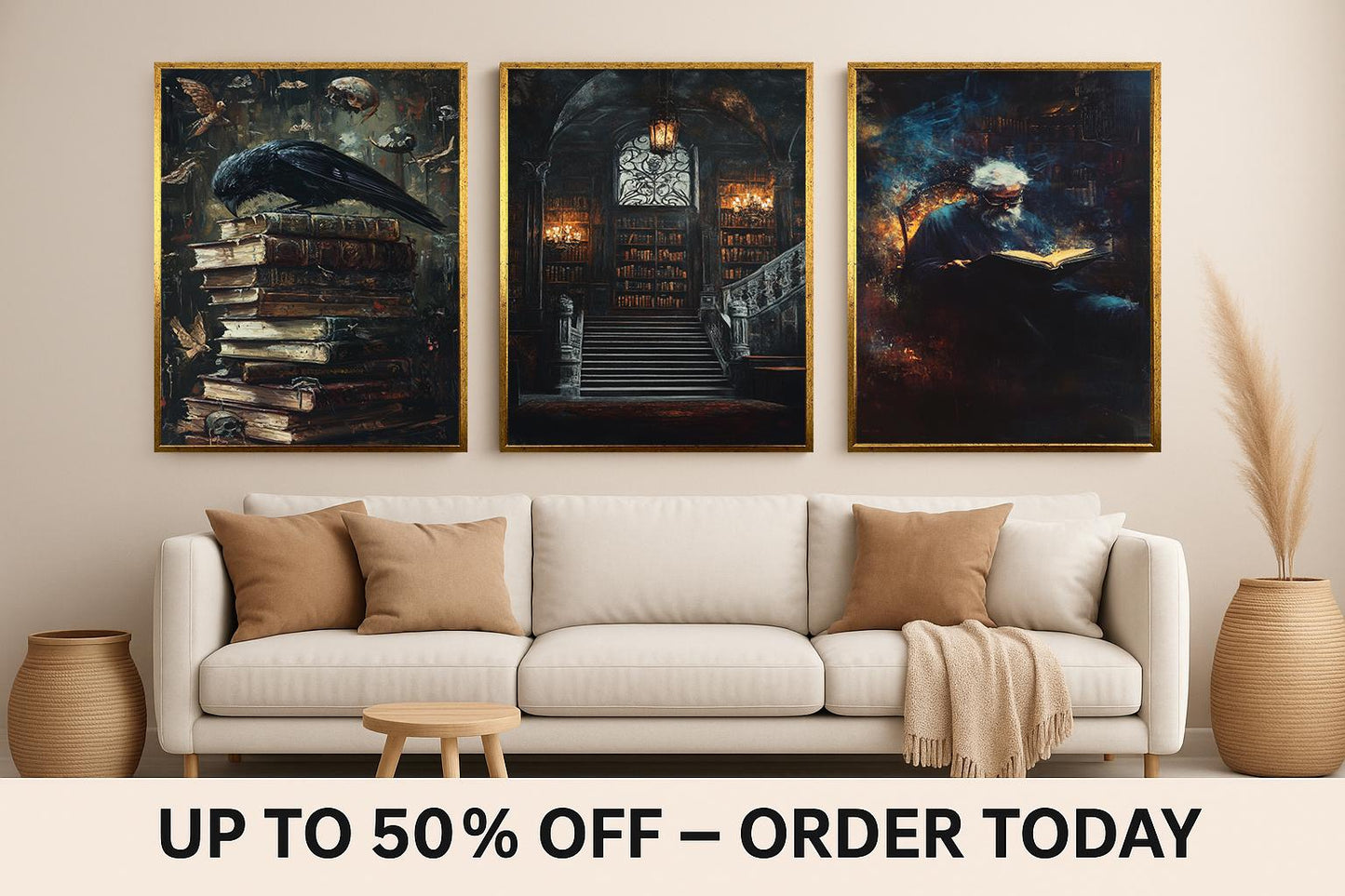 Dark Academia Gothic Art Prints: Haunted Library, Wizard & Crow Set