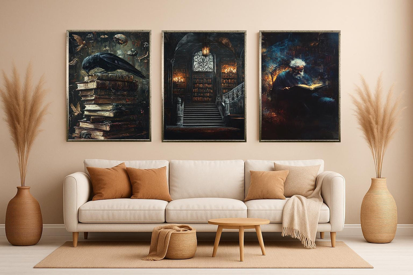 Dark Academia Gothic Art Prints: Haunted Library, Wizard & Crow Set