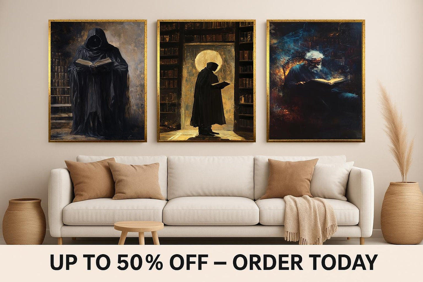Dark Academia Art Prints: Hooded Figure in Library, Gothic Room Decor
