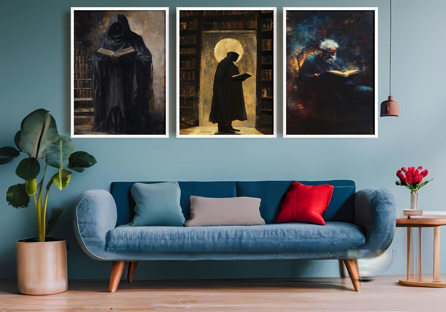 Dark Academia Art Prints: Hooded Figure in Library, Gothic Room Decor
