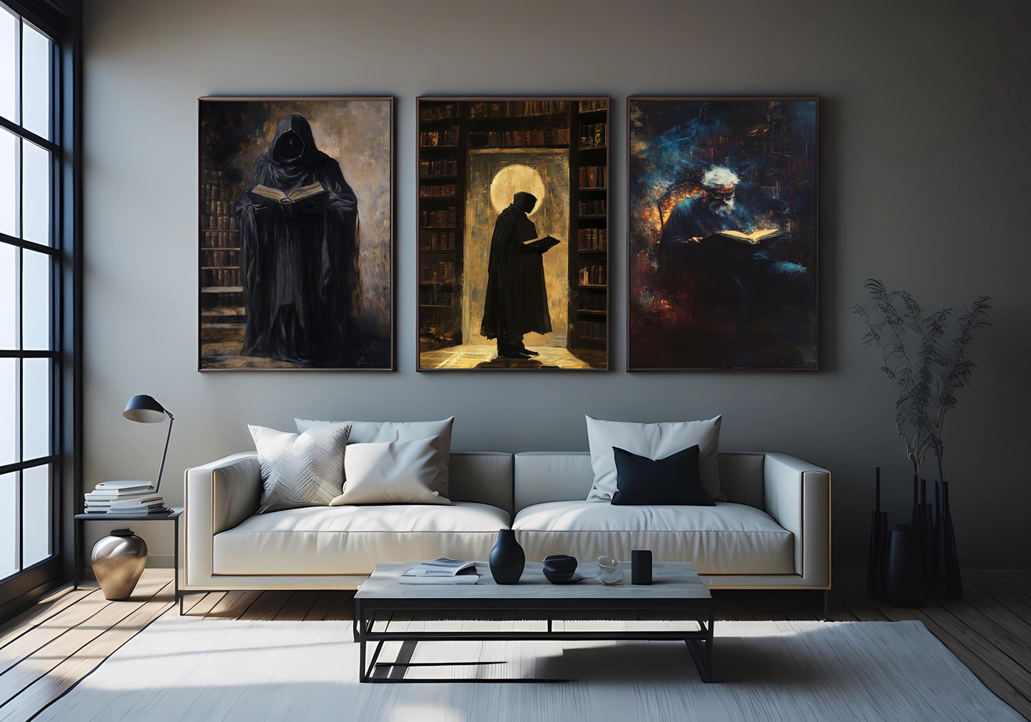 Dark Academia Art Prints: Hooded Figure in Library, Gothic Room Decor