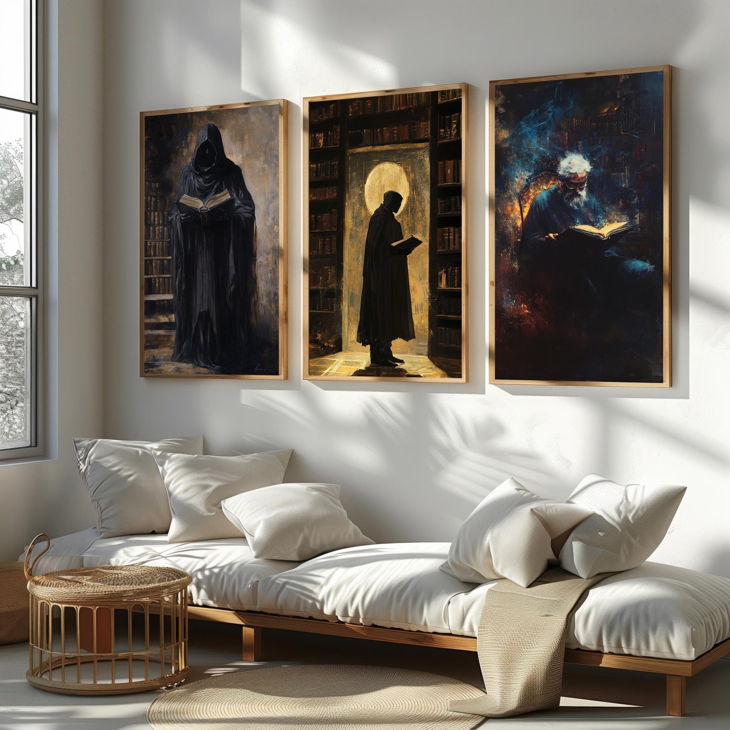 Dark Academia Art Prints: Hooded Figure in Library, Gothic Room Decor