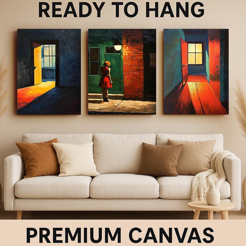 Red Dress Woman Art Print Set: Modern Urban Interior Decor