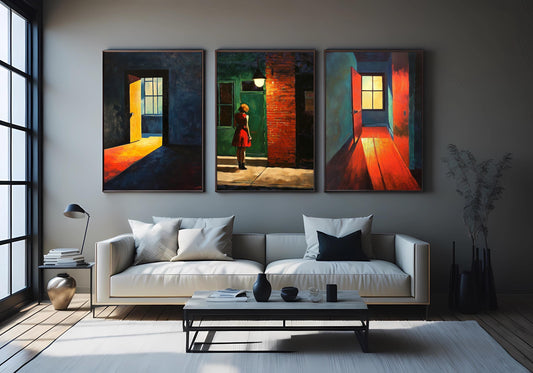 Red Dress Woman Art Print Set: Modern Urban Interior Decor