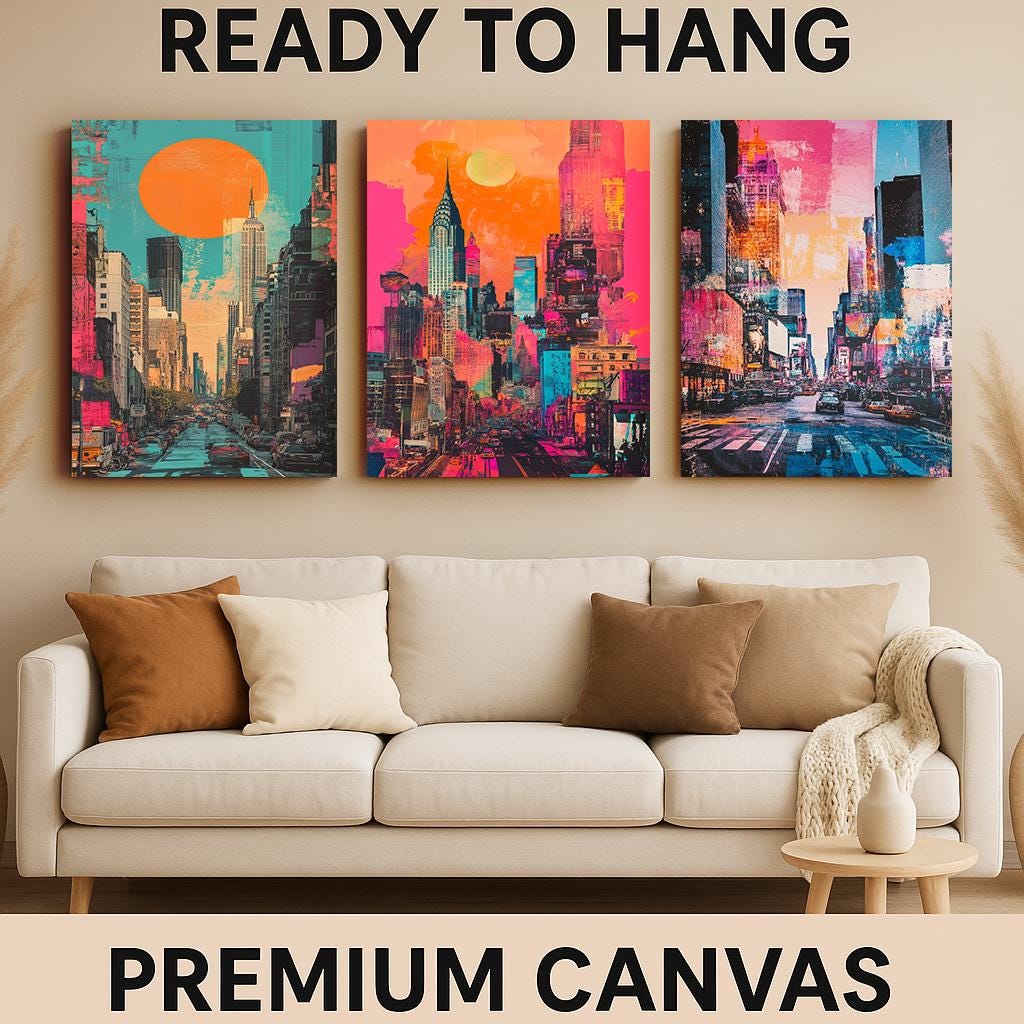 Neon New York City Pop Art Print Set: Modern Urban Skyline