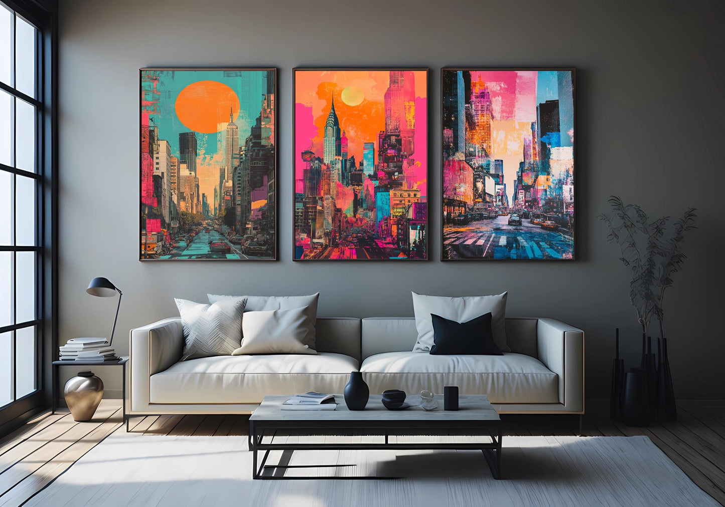 Neon New York City Pop Art Print Set: Modern Urban Skyline