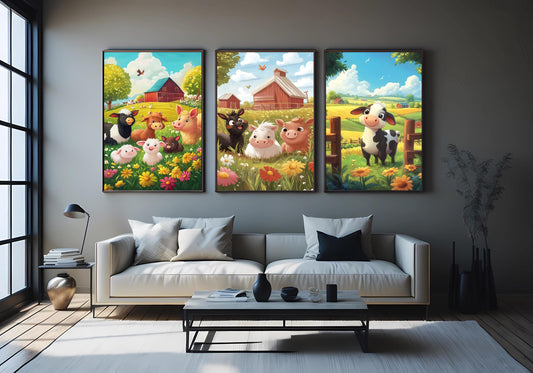Farm Animal Nursery Wall Art Set Of 3 Prints With Cute Cow Pig Donkey In Bright Pastel Fields For Baby Room Or Kids Farm Decor Kids Room Art