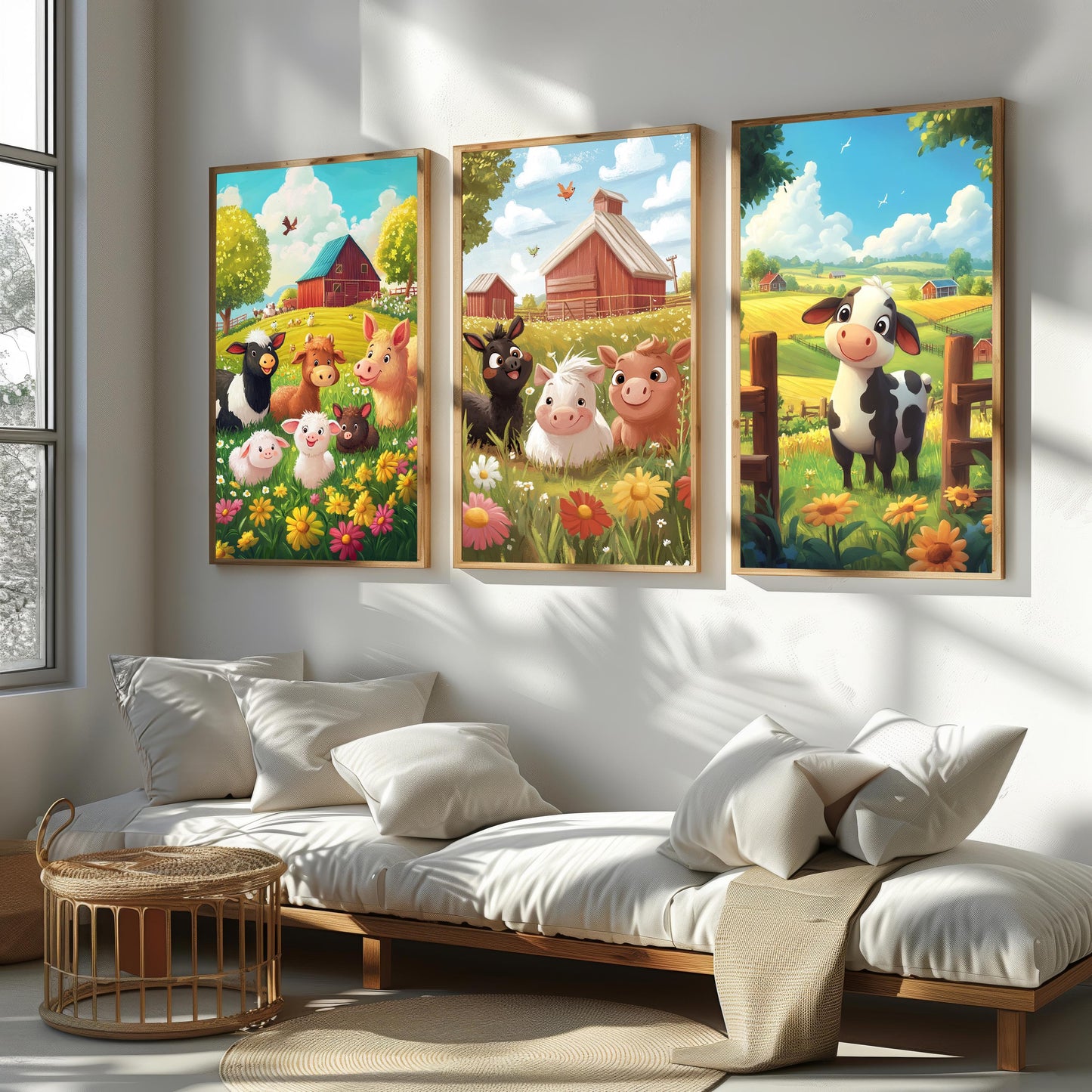 Farm Animal Nursery Wall Art Set Of 3 Prints With Cute Cow Pig Donkey In Bright Pastel Fields For Baby Room Or Kids Farm Decor Kids Room Art