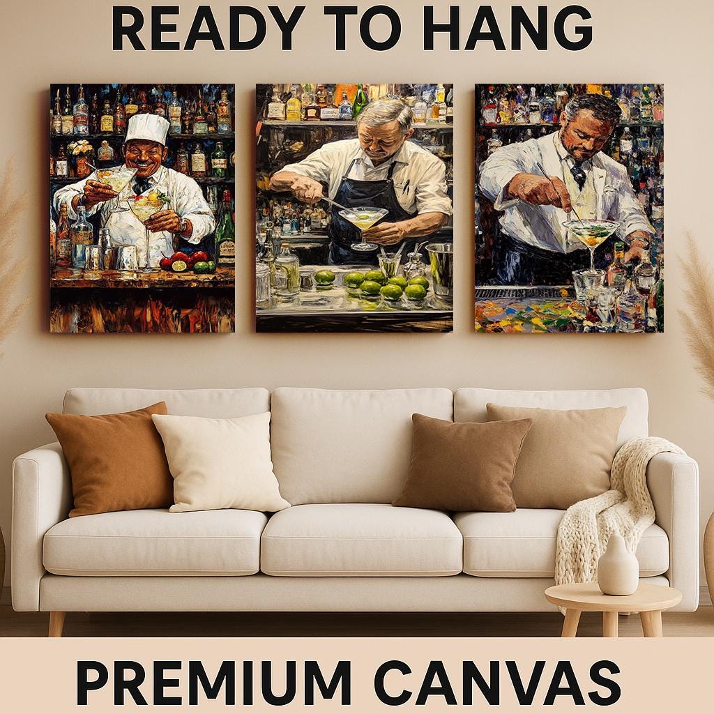 Martini Cocktail Print: Surreal Bartender Oil Painting Style Bar Art