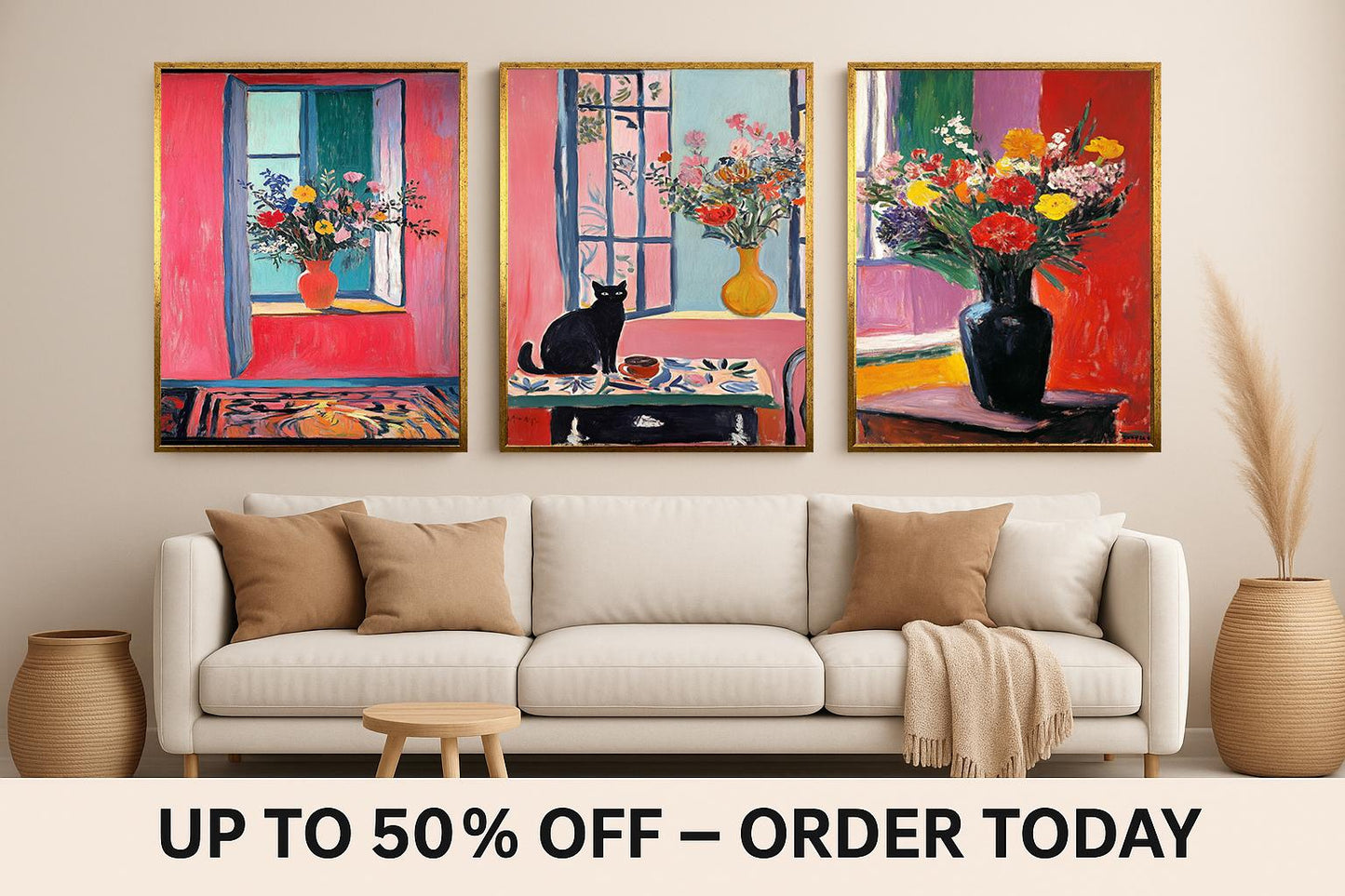 Floral Still Life Canvas Print Set of 3: Cat & Vase Art