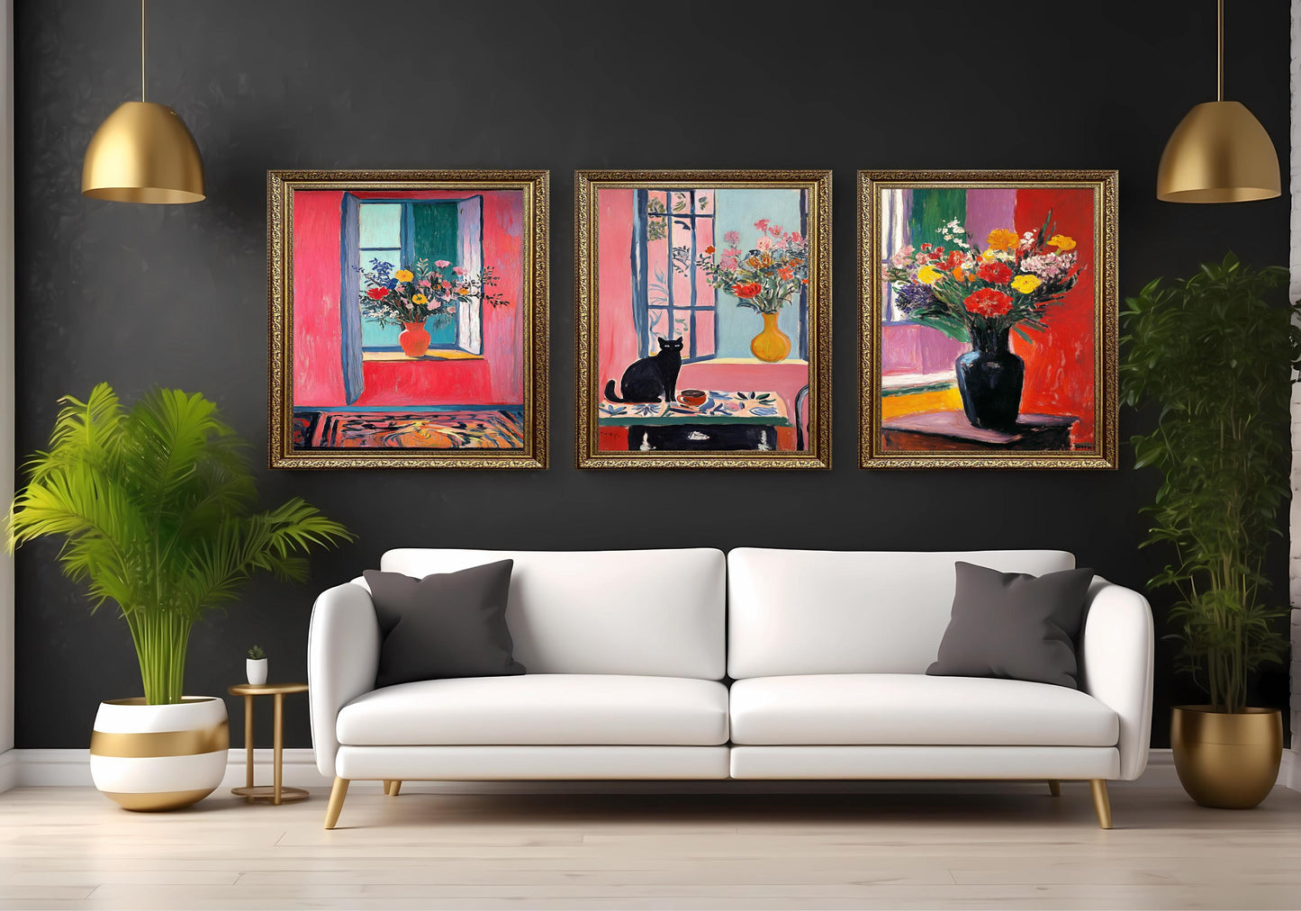 Floral Still Life Canvas Print Set of 3: Cat & Vase Art