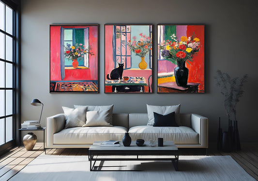 Floral Still Life Canvas Print Set of 3: Cat & Vase Art