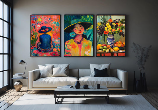 Colorful Portrait & Still Life Canvas Print Set: Tropical Home Decor
