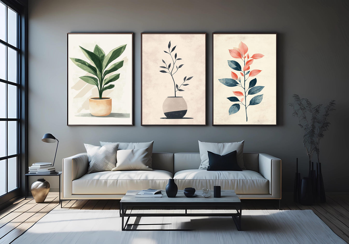 Botanical Wall Art Set of 3: Minimalist Plant Prints, Scandinavian Decor