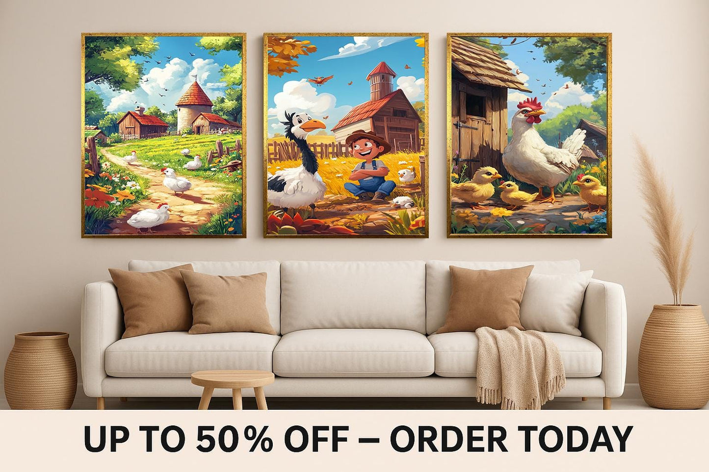 Farm Life Art Print Set: Whimsical Barnyard Animals, Rustic Kids Room Decor