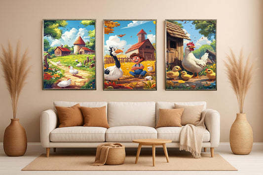 Farm Life Art Print Set: Whimsical Barnyard Animals, Rustic Kids Room Decor
