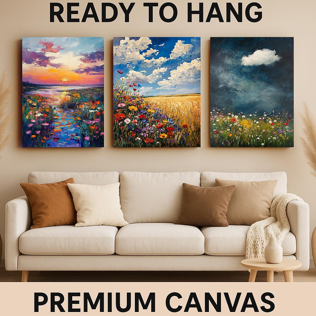 Wildflower Meadow Landscape Art Set: Impressionist Oil Painting Prints