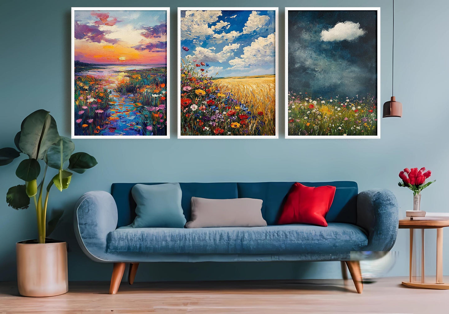 Wildflower Meadow Landscape Art Set: Impressionist Oil Painting Prints