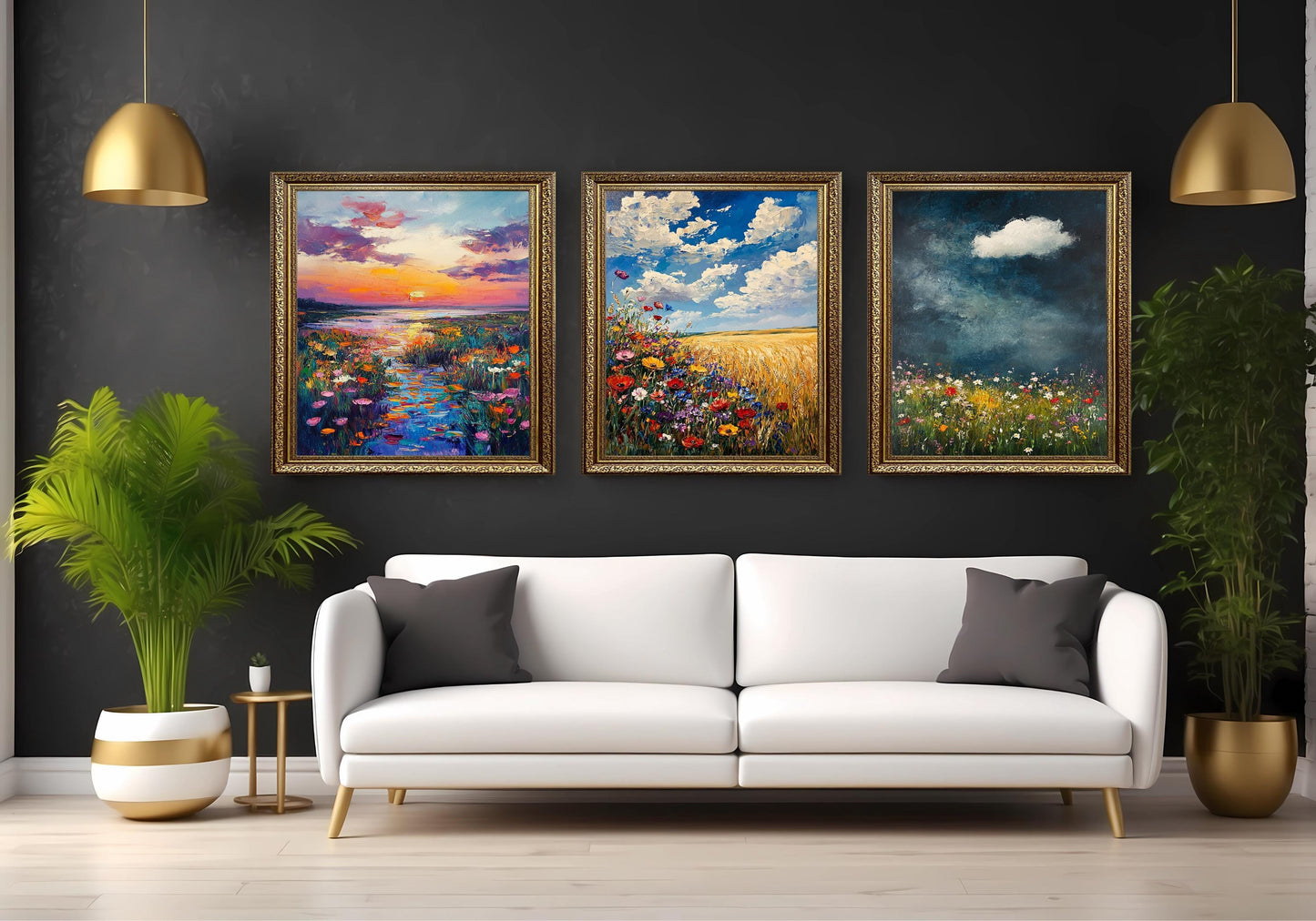 Wildflower Meadow Landscape Art Set: Impressionist Oil Painting Prints