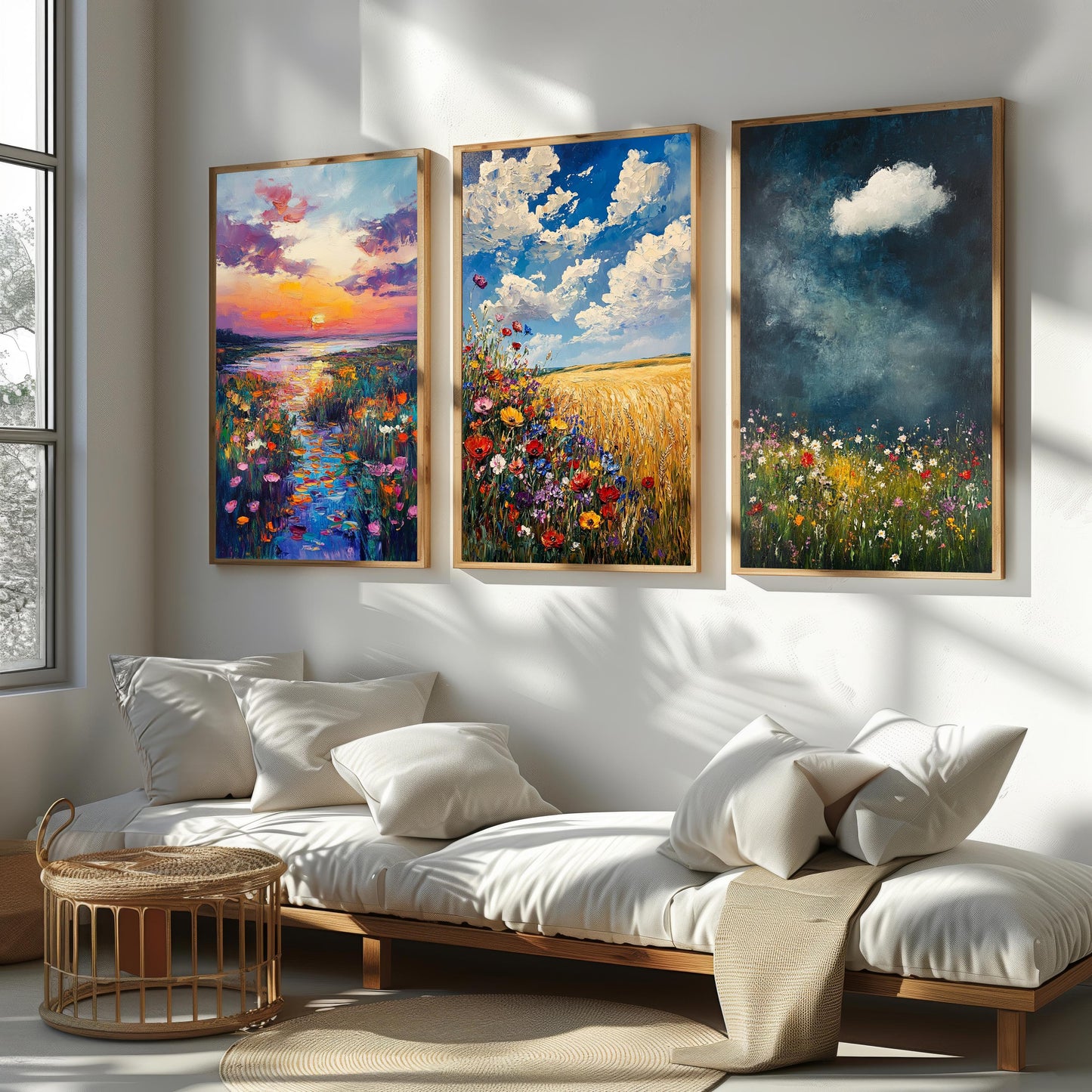 Wildflower Meadow Landscape Art Set: Impressionist Oil Painting Prints