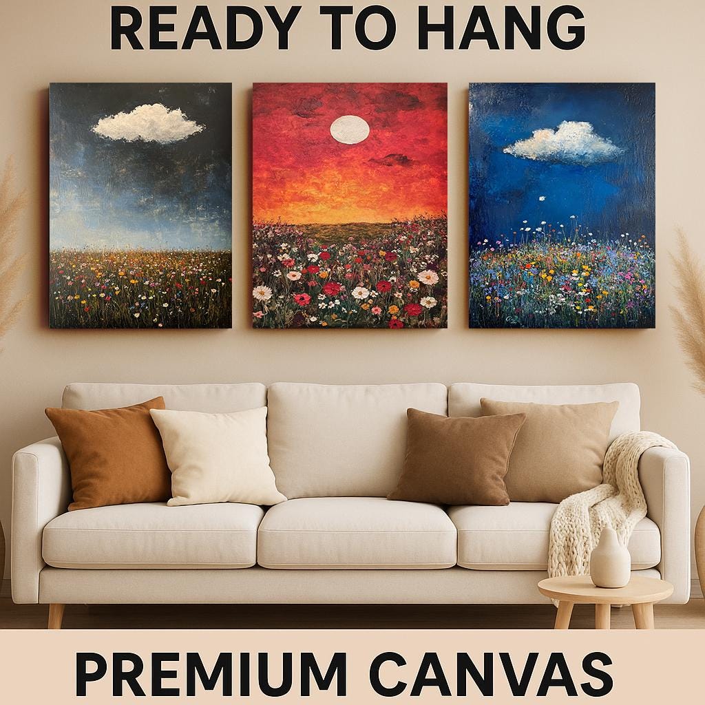 Wildflower Field Canvas Print Set: Impressionist Landscape Wall Art