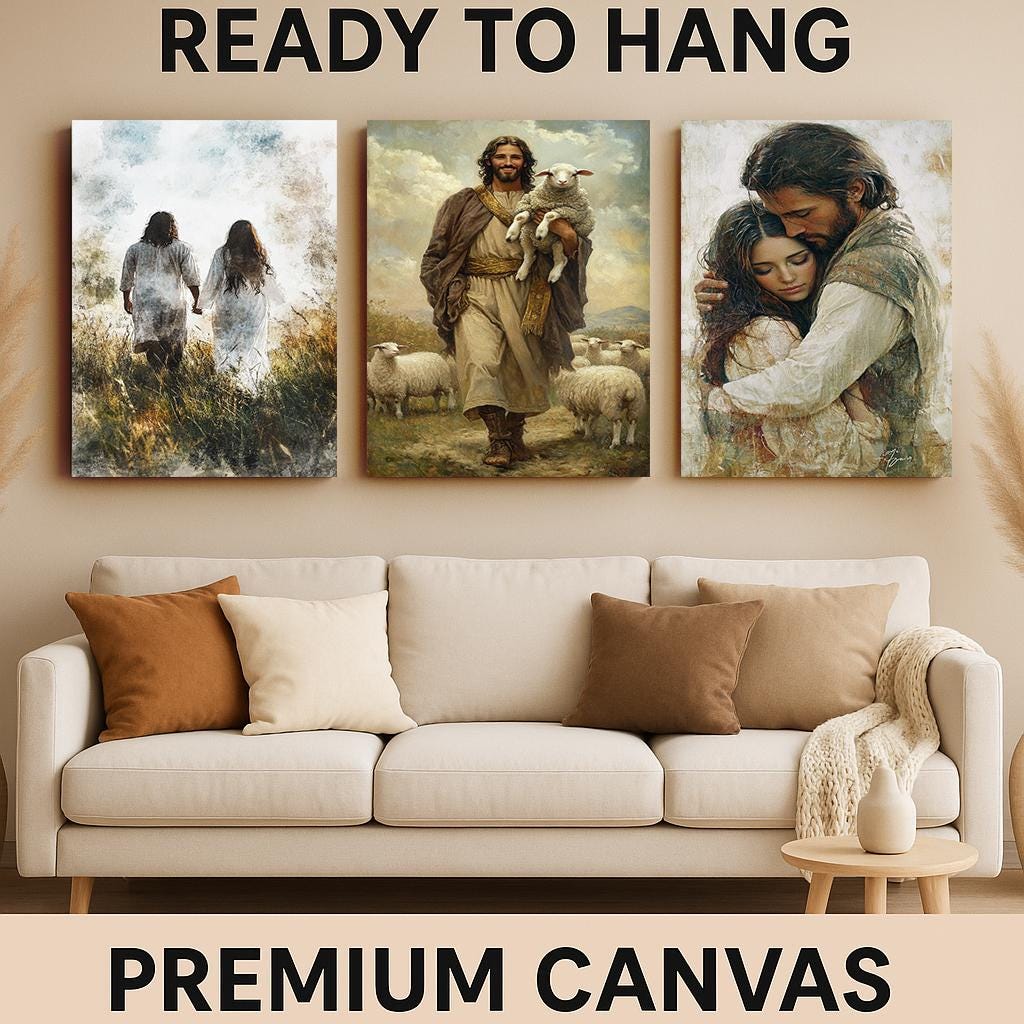 Jesus Canvas Print Set: Good Shepherd, Loving Embrace, Faith Walk