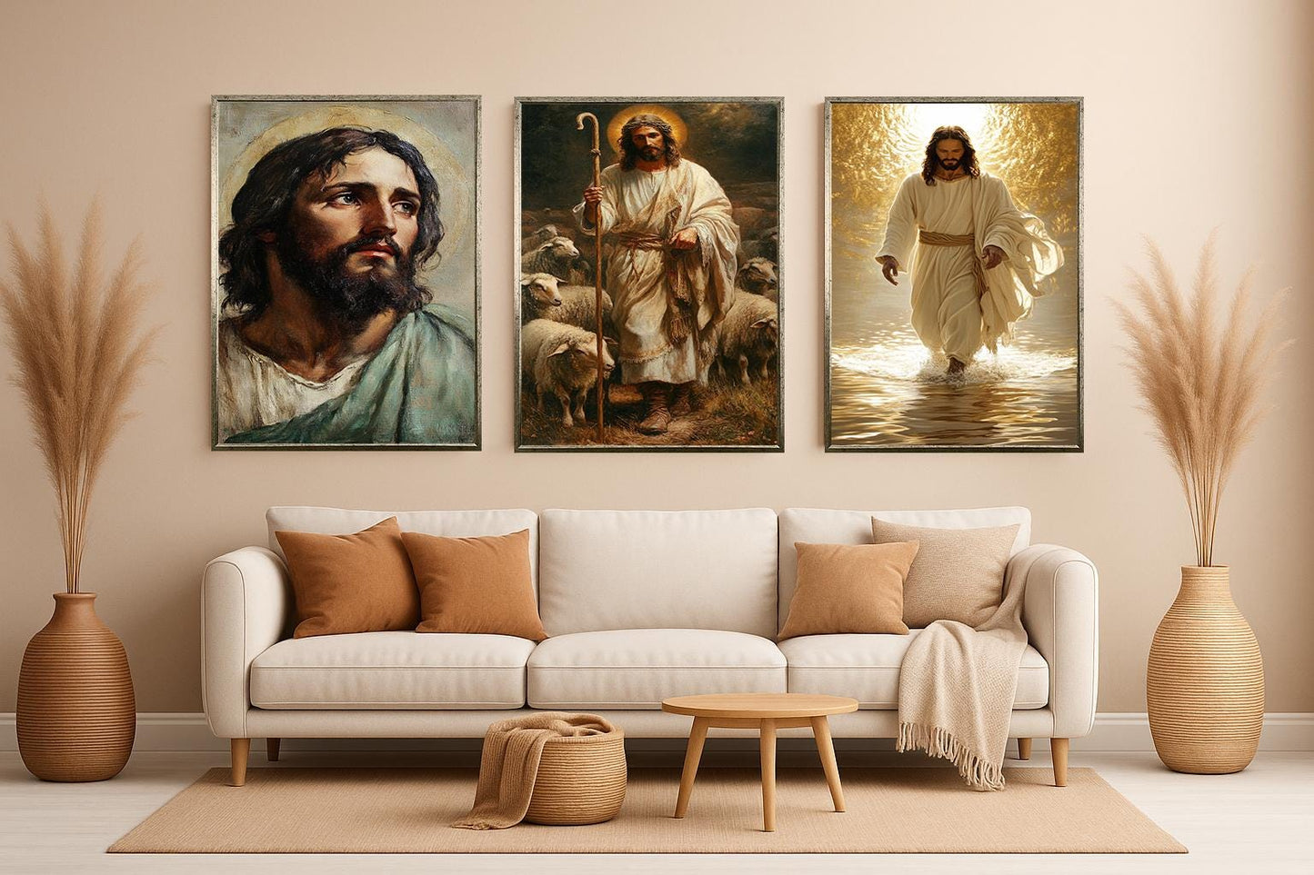 Jesus Christ Canvas Print Set: Good Shepherd, Walking on Water, Sacred Portrait