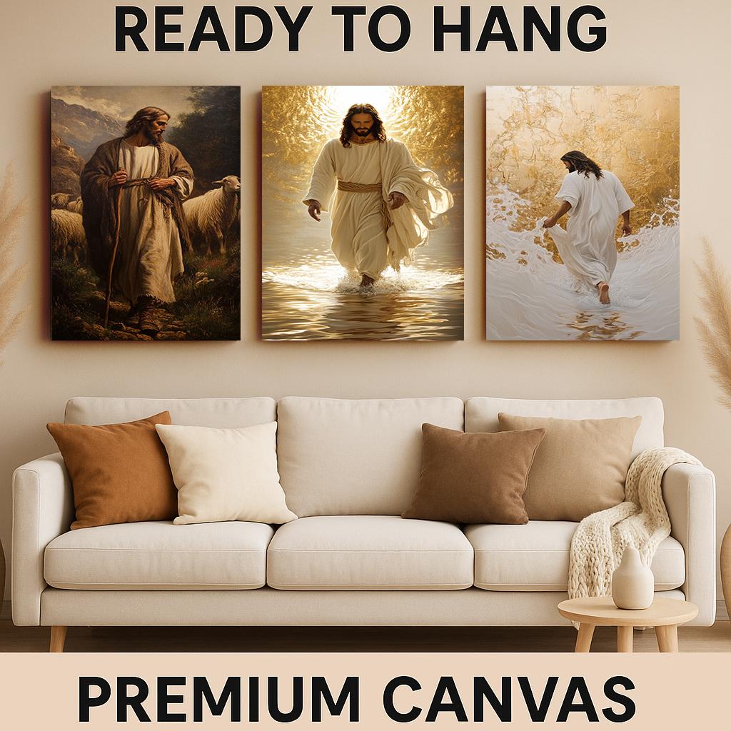 Jesus Christ Canvas Print Set: Christian Art, Shepherd & Golden Light