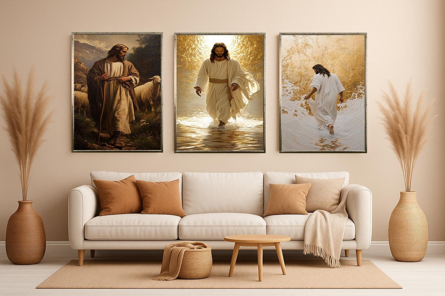 Jesus Christ Canvas Print Set: Christian Art, Shepherd & Golden Light