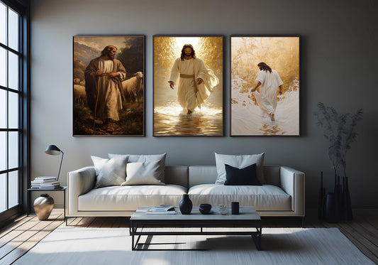 Jesus Christ Canvas Print Set: Christian Art, Shepherd & Golden Light