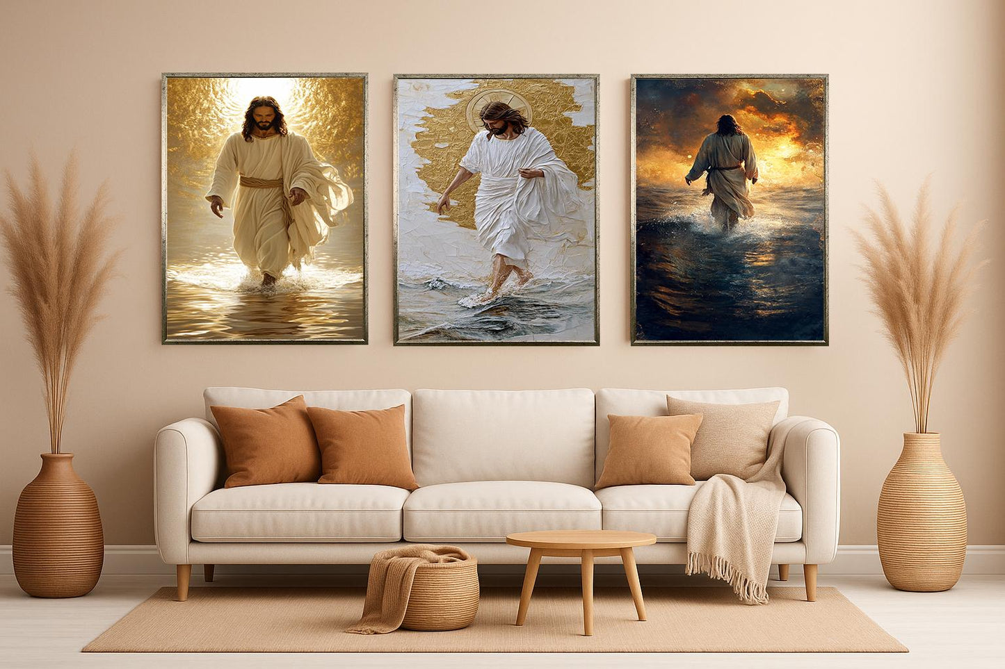 Jesus Christ Walking on Water Canvas Print - Golden Halo Sunset Ocean Scene
