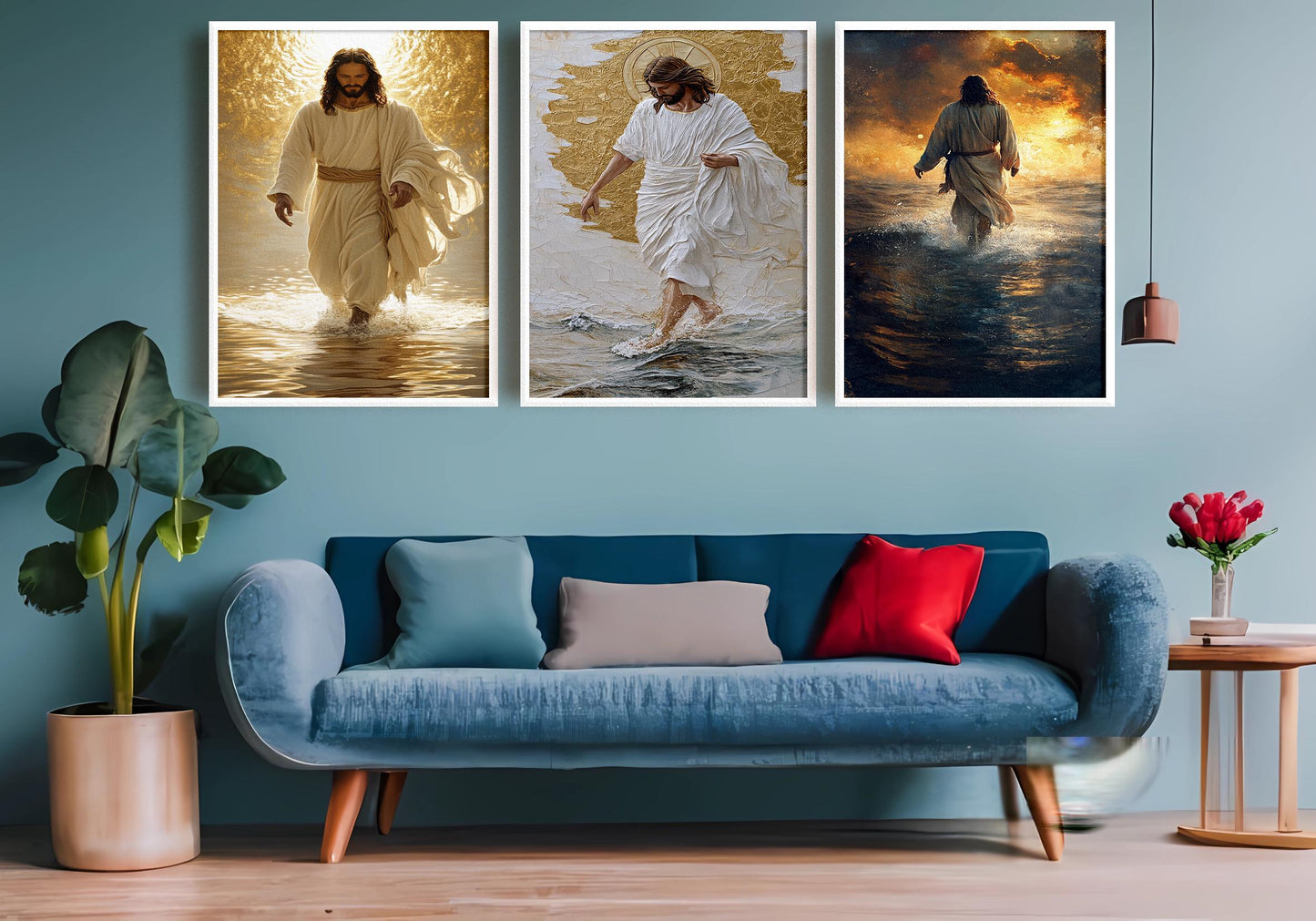 Jesus Christ Walking on Water Canvas Print - Golden Halo Sunset Ocean Scene