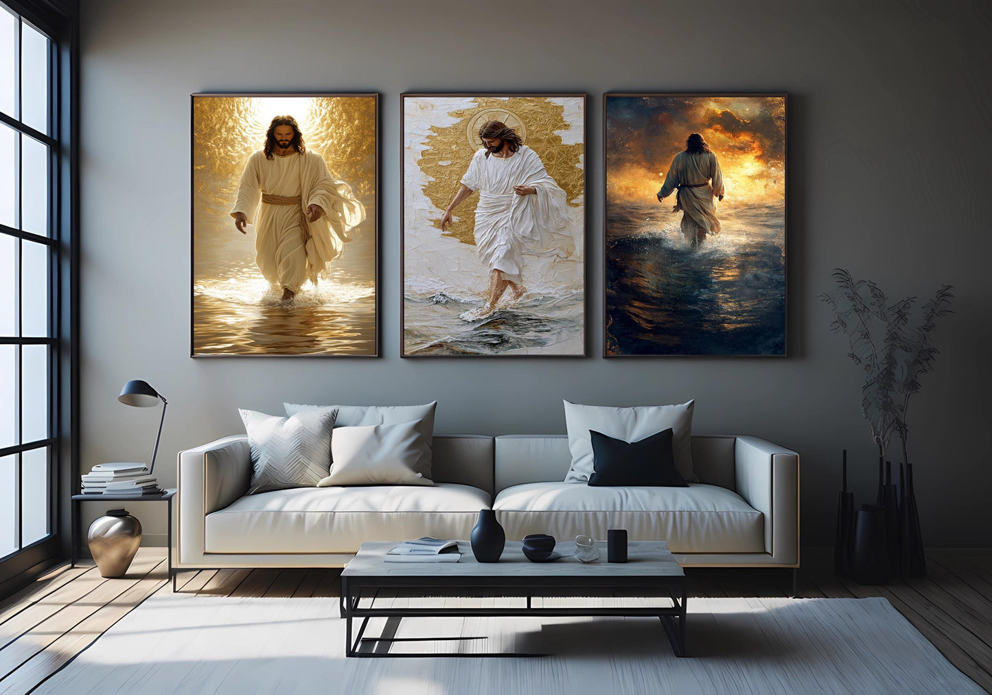 Jesus Christ Walking on Water Canvas Print - Golden Halo Sunset Ocean Scene