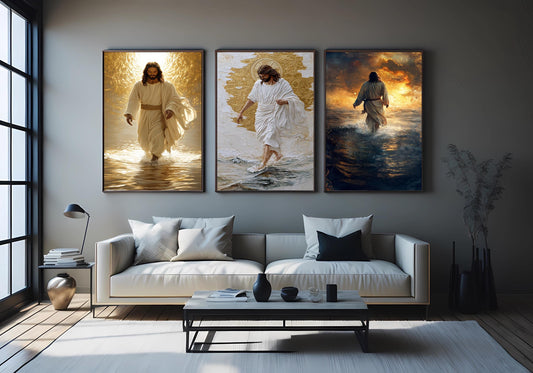 Jesus Christ Walking on Water Canvas Print - Golden Halo Sunset Ocean Scene