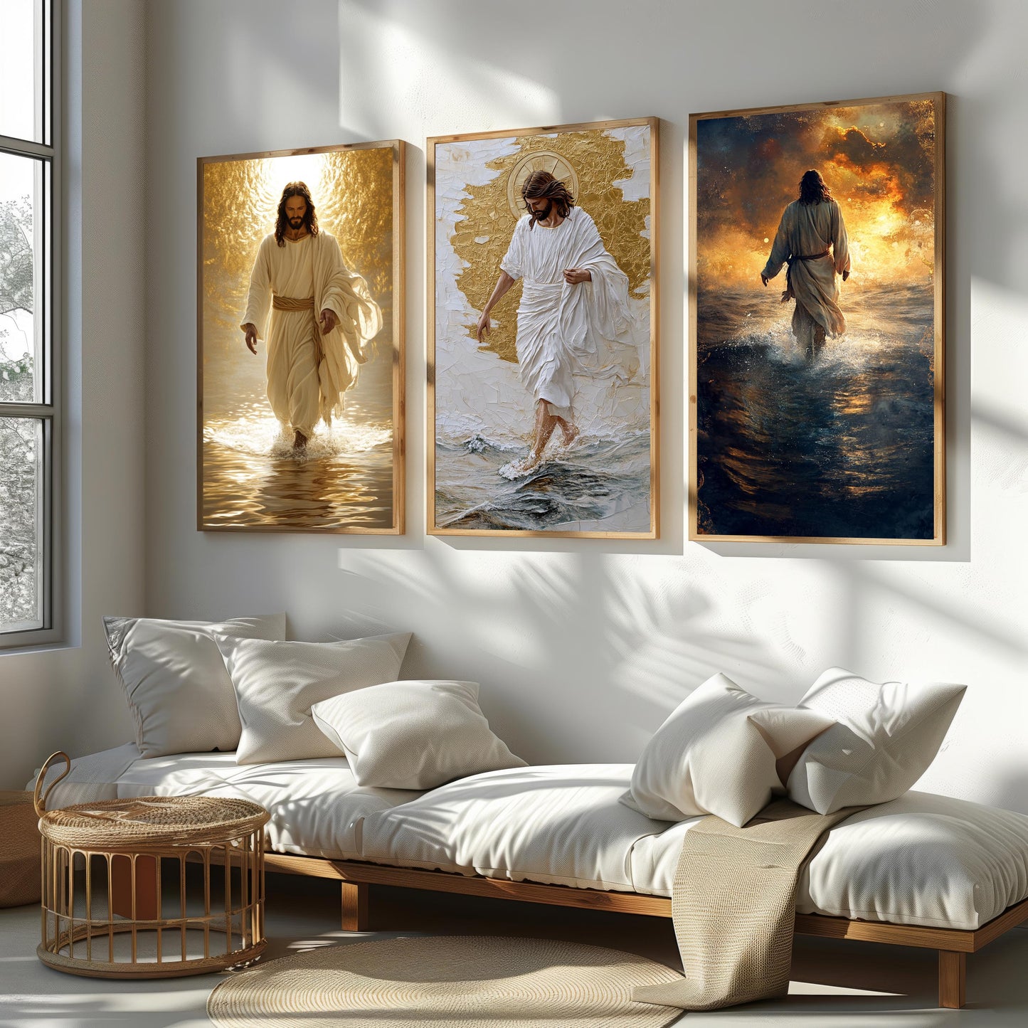 Jesus Christ Walking on Water Canvas Print - Golden Halo Sunset Ocean Scene