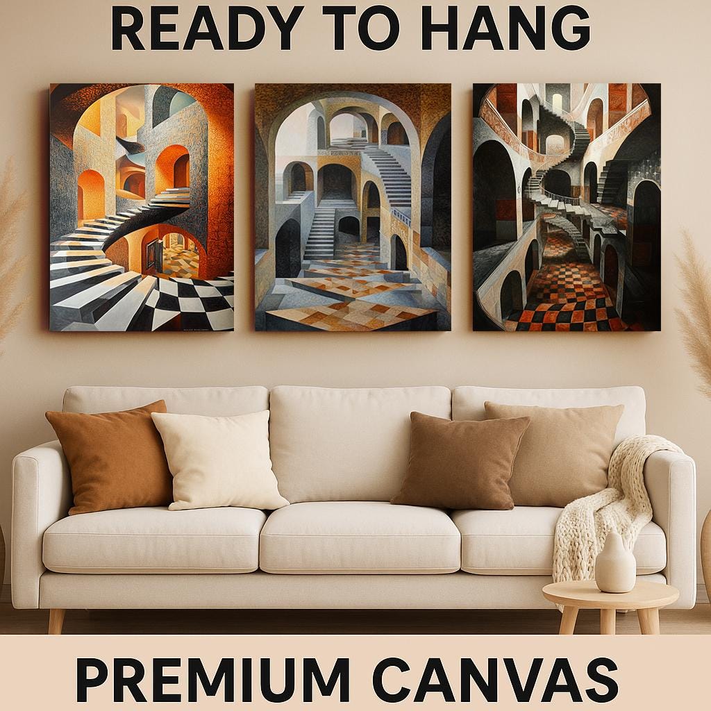 Optical Illusion Staircase Canvas Art: Surreal Geometric Print Set