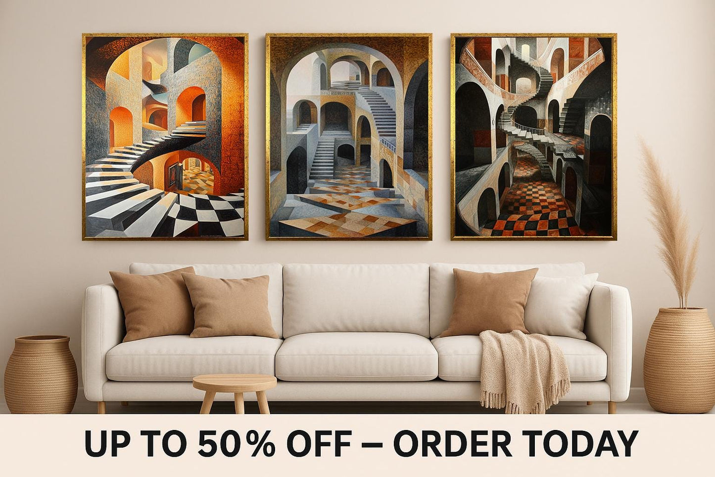 Optical Illusion Staircase Canvas Art: Surreal Geometric Print Set