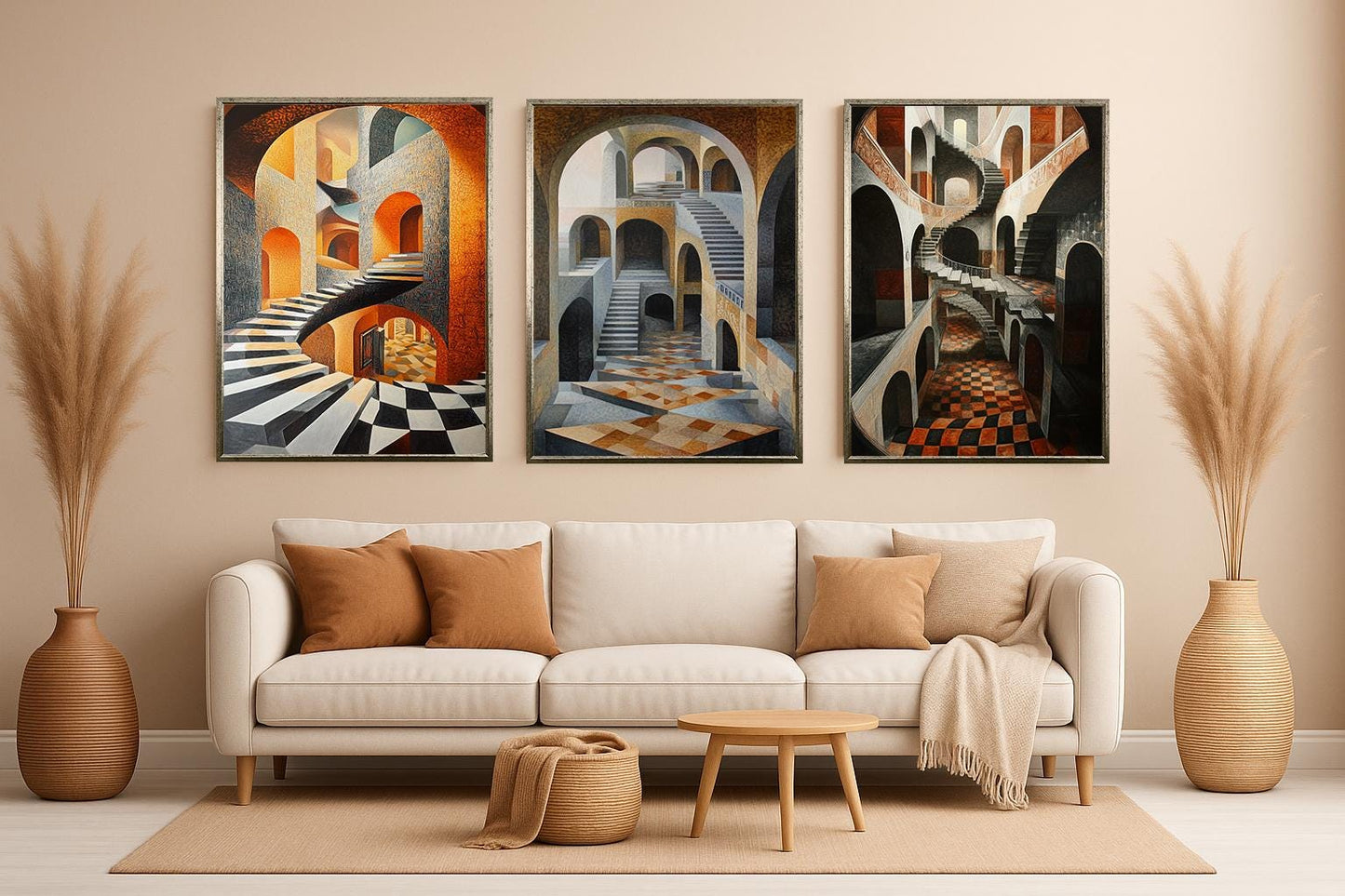 Optical Illusion Staircase Canvas Art: Surreal Geometric Print Set
