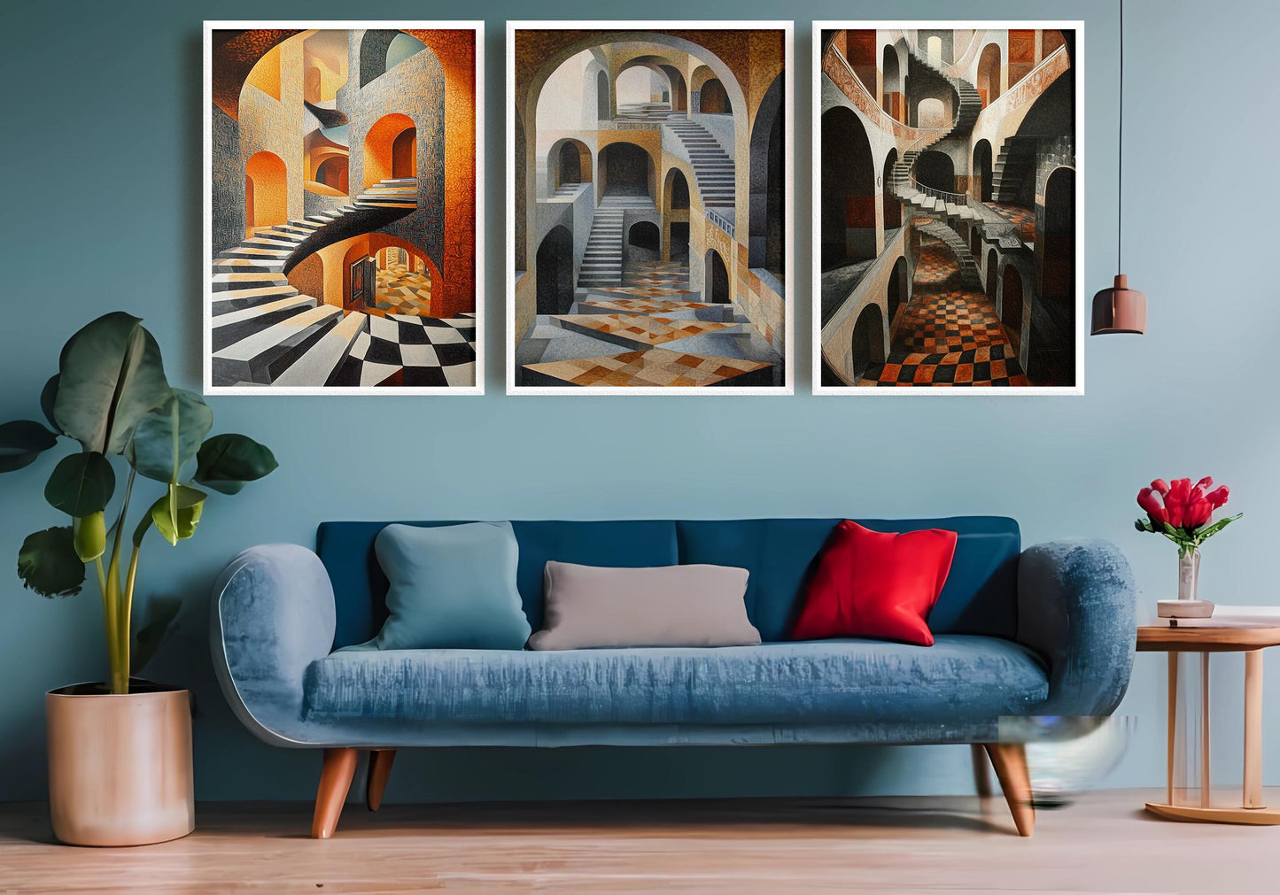 Optical Illusion Staircase Canvas Art: Surreal Geometric Print Set
