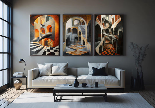 Optical Illusion Staircase Canvas Art: Surreal Geometric Print Set