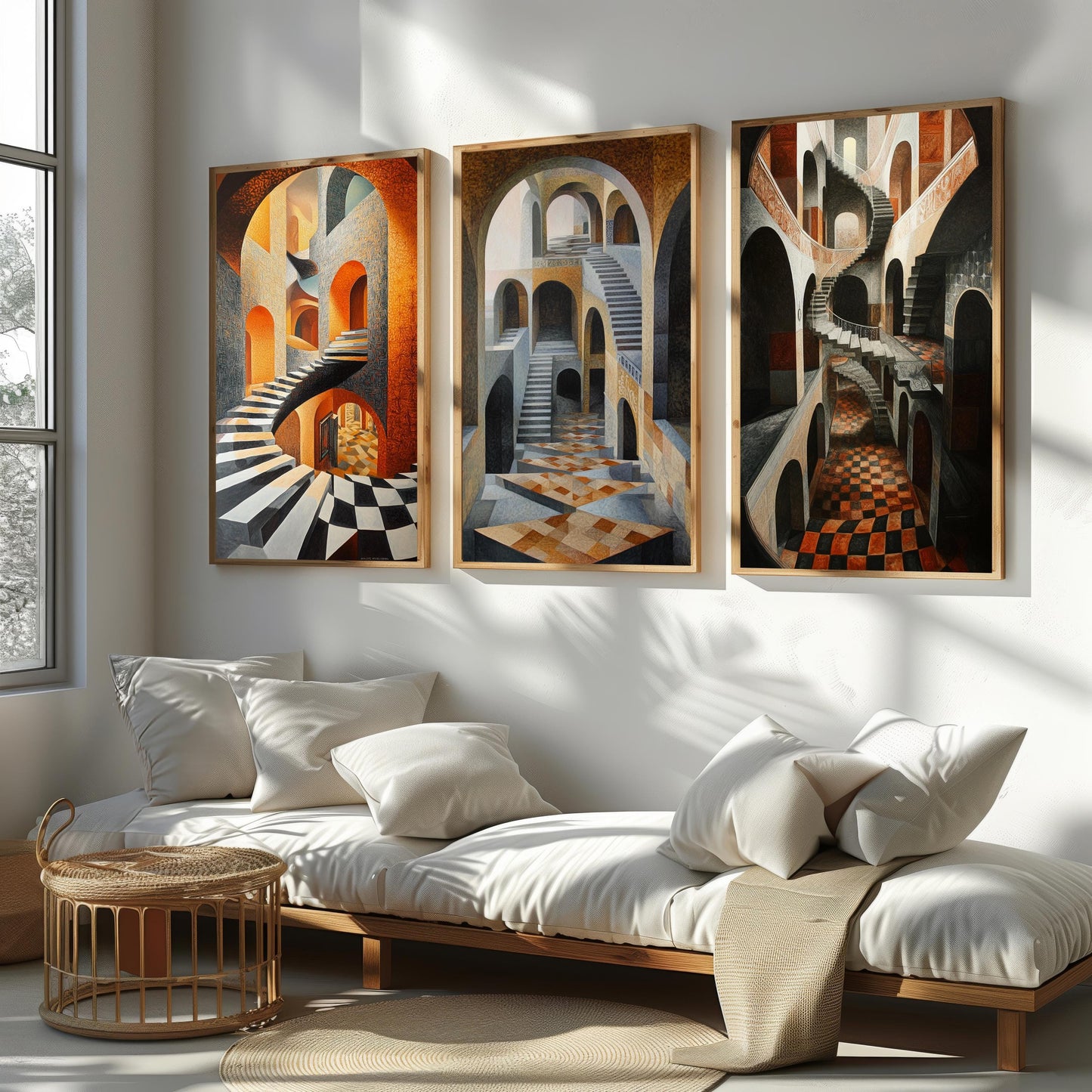 Optical Illusion Staircase Canvas Art: Surreal Geometric Print Set