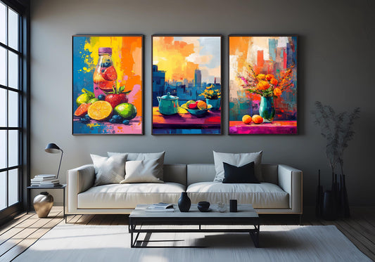 Modern Kitchen Canvas Art Prints: Still Life Fruit Bowl, Floral Vase