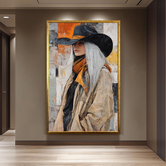 Abstract Cowgirl Oil Painting: Western Woman Art, Textured Canvas