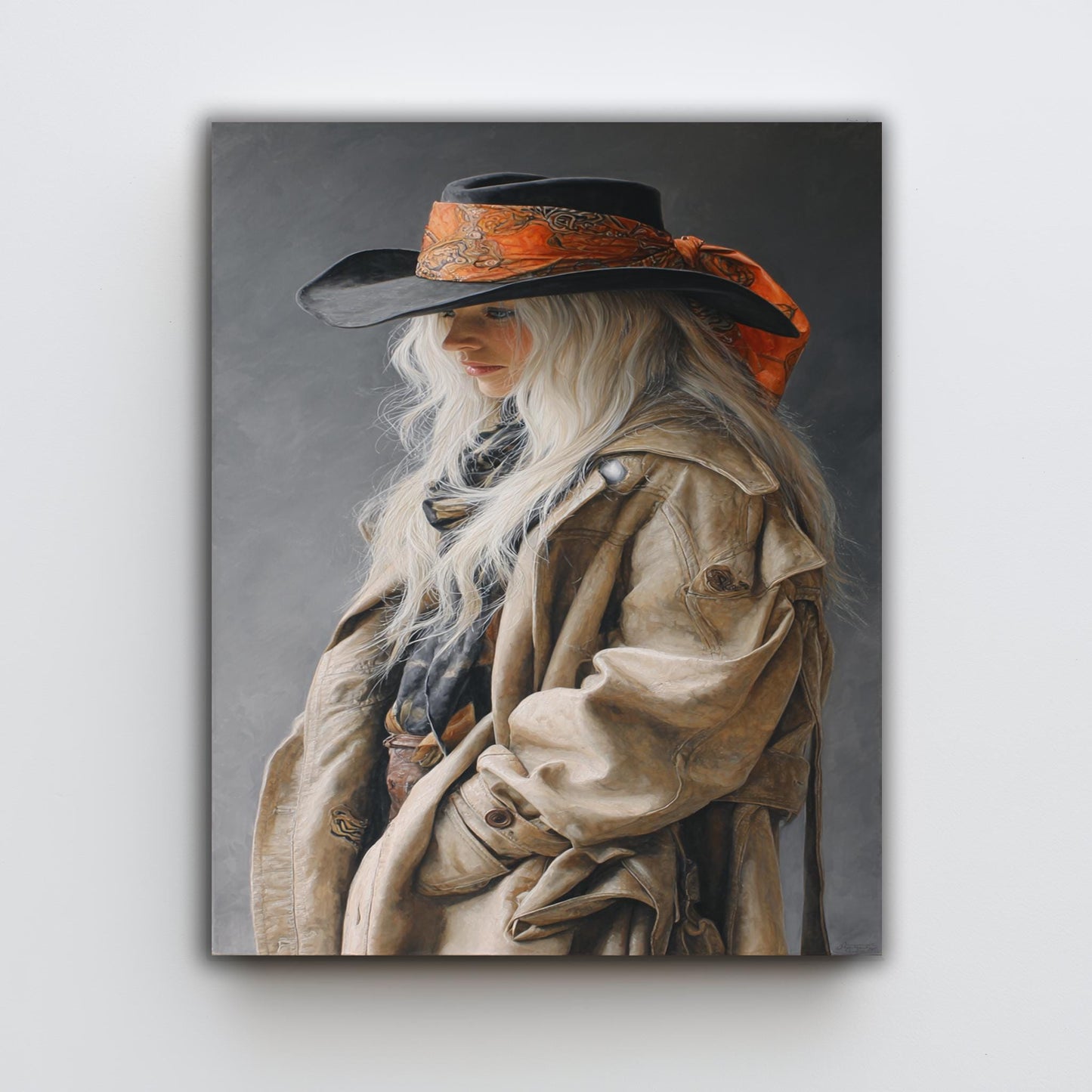 Western Cowgirl Abstract Oil Painting | Realistic Blonde Woman in Cowboy Hat Wall Art | Rustic Country Girl Canvas Art for Home Decor