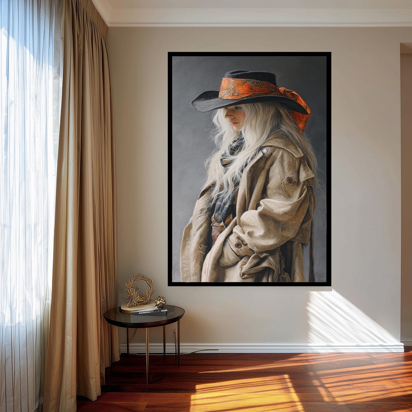 Western Cowgirl Abstract Oil Painting | Realistic Blonde Woman in Cowboy Hat Wall Art | Rustic Country Girl Canvas Art for Home Decor