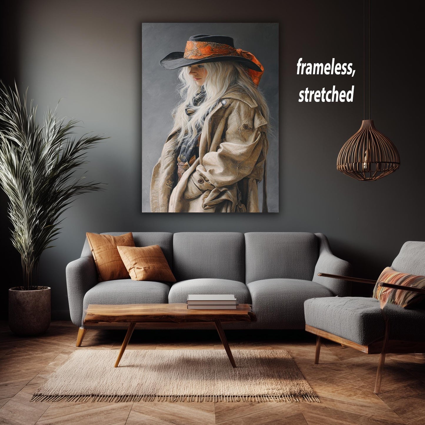 Western Cowgirl Abstract Oil Painting | Realistic Blonde Woman in Cowboy Hat Wall Art | Rustic Country Girl Canvas Art for Home Decor